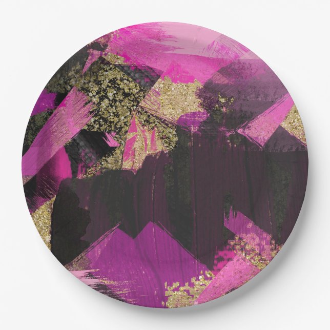 Pink Black Gold Glitter Modern Brush Glam Grunge Paper Plate (Front)