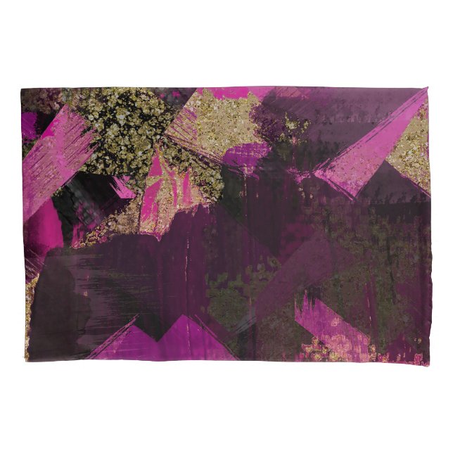 Pink Black Gold Glitter Modern Brush Glam Grunge Pillowcase (Front)