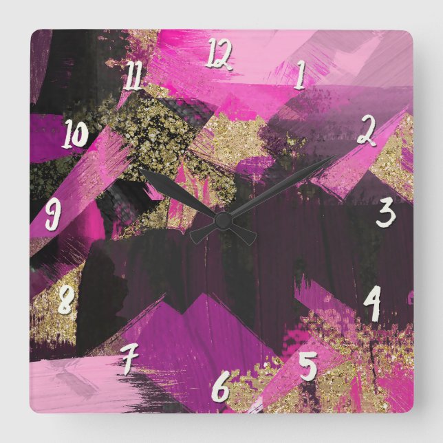 Pink Black Gold Glitter Modern Brush Glam Grunge Square Wall Clock (Front)