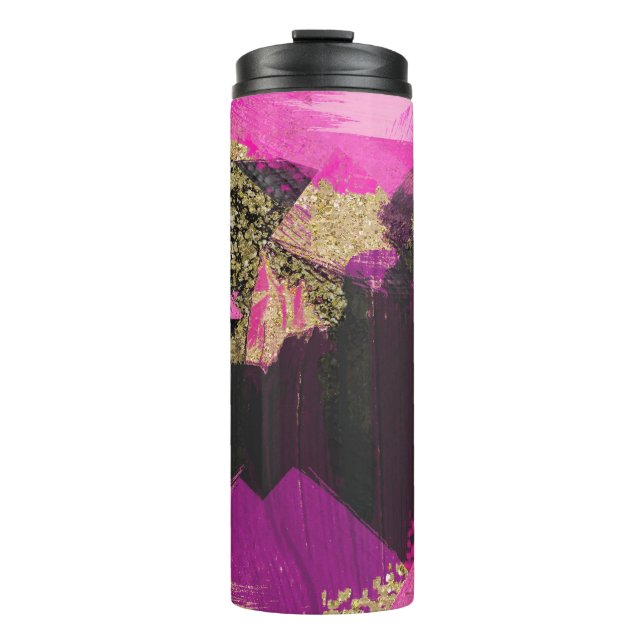 Pink Black Gold Glitter Modern Brush Glam Grunge Thermal Tumbler (Front)