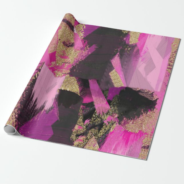 Pink Black Gold Glitter Modern Brush Glam Grunge Wrapping Paper (Unrolled)
