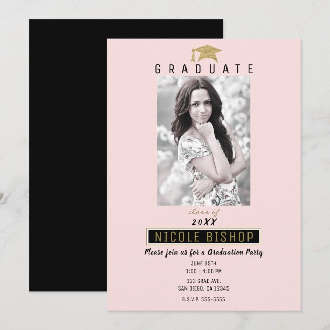 Pink Black Gold Graduate Photo Graduation Party Invitation (Front/Back)