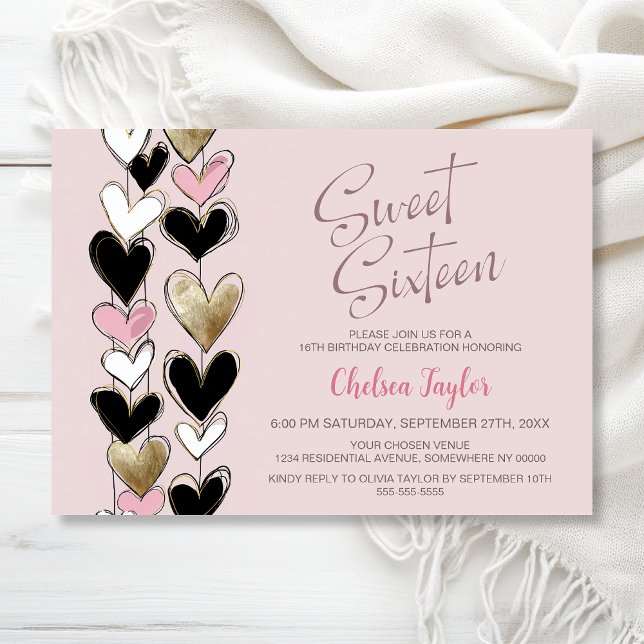Pink Black Gold Heart Theme Sweet 16 Birthday Invitation (Creator Uploaded)