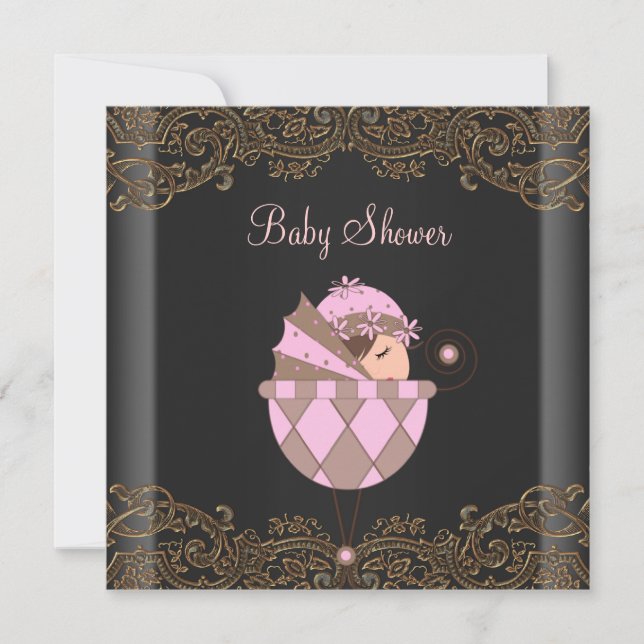 Pink Black Gold Lace Girl Baby Shower Invitation (Front)