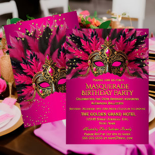 Pink Black Gold Masks Masquerade Birthday Party Invitation