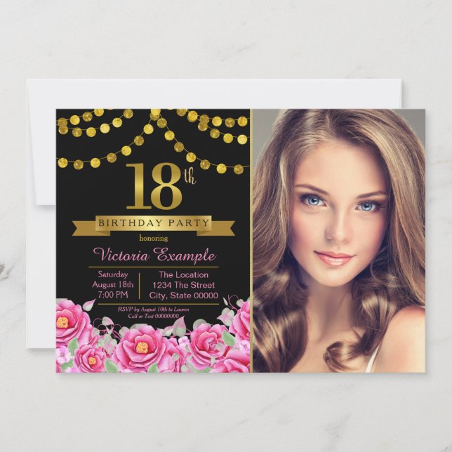 Pink Black Gold Modern 18th Birthday Party Invitation (Front)