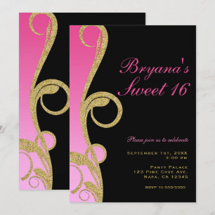 Pink Black & Gold Modern Swirl Sweet 16 Party Invitation