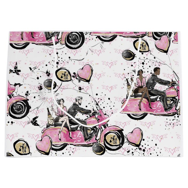 Pink, Black, Gold Motorcycle floral Gift Bag (Front)