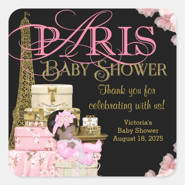 Pink Black Gold Paris Baby Shower Thank You Square Sticker (Front)