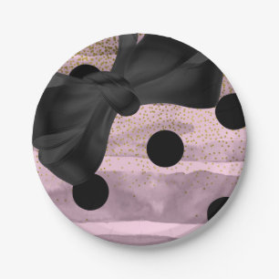 Pink Black & Gold Polka Dots Chic Bow Glam Party Paper Plate