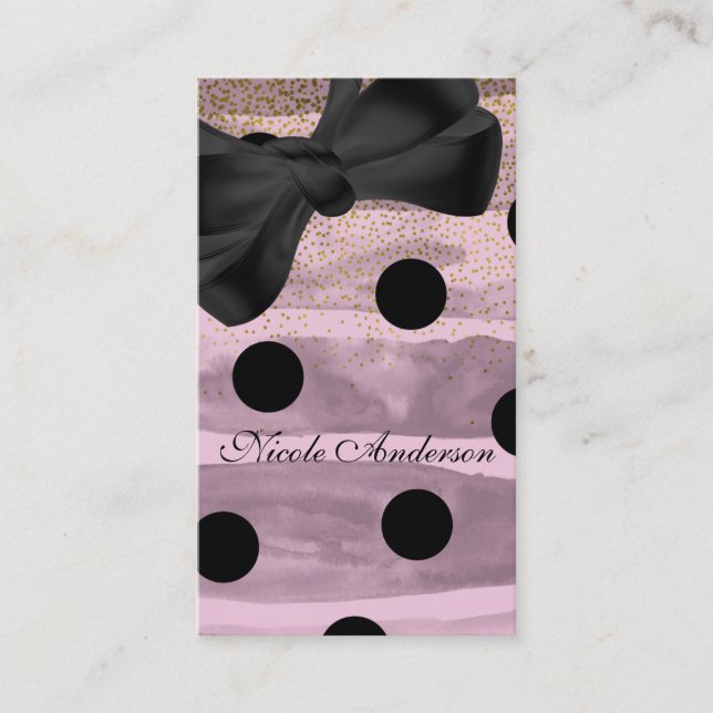 Pink & Black Gold Polka Dots Chic Bow Modern Business Card (Front)