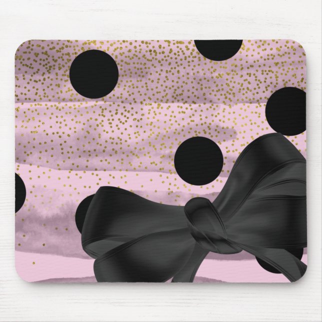 Pink & Black Gold Polka Dots Chic Bow Trendy Glam Mouse Mat (Front)