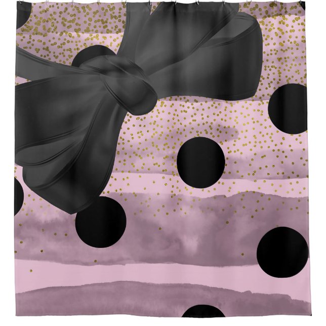 Pink & Black Gold Polka Dots Chic Bow Trendy Glam Shower Curtain (Front)