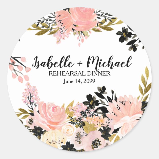 Pink, Black, Gold Rehearsal Dinner Personalised Classic Round Sticker (Front)