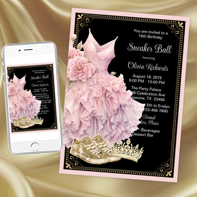 Pink Black Gold Sneaker Ball Birthday Party  Invitation (Pink black gold sneaker ball invitation. Instant download and printed invitations available.)