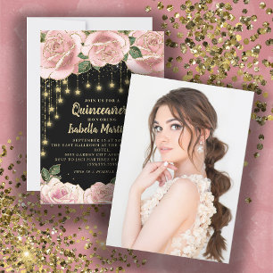 Pink Black Gold String Light Star Quinceañera    Invitation