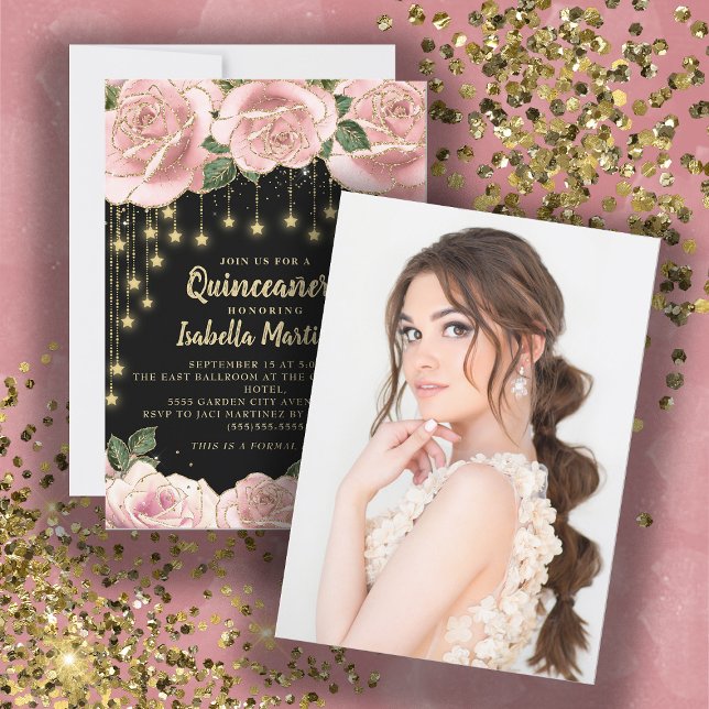 Pink Black Gold String Light Star Quinceañera    Invitation (Creator Uploaded)
