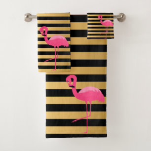 PINK BLACK GOLD STRIPE FLAMINGO BATHROOM TOWEL SET