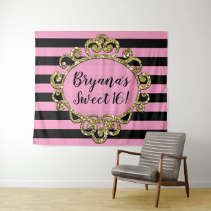 Pink Black & Gold Striped Birthday Party Backdrop Tapestry