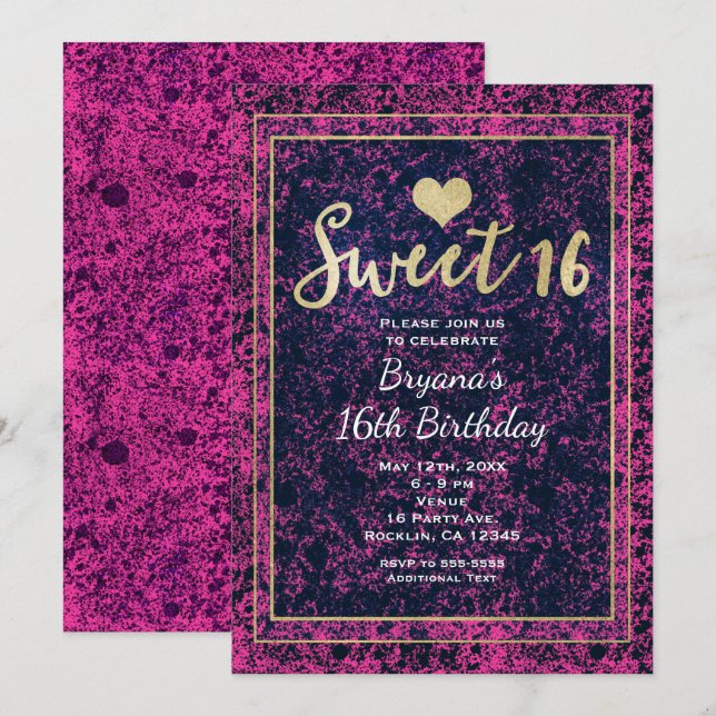 Pink & Black Gold Sweet 16 Modern Party Invitation (Front/Back)