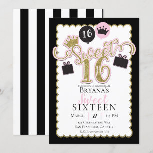 Pink Black Gold Sweet 16 Striped Birthday Party Invitation