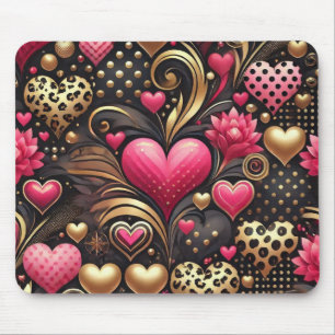 PINK BLACK GOLD VALENTINE LOVE HEARTS MOUSE MAT