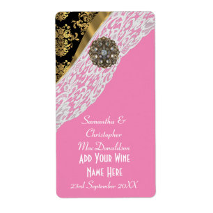 Pink black gold white lace wedding wine bottle