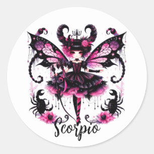 Pink Black Gothic Fairy Scorpio Astrology Zodiac Classic Round Sticker
