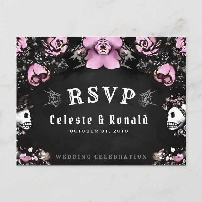 Pink & Black Gothic Roses & Skeleton RSVP Postcard (Front)