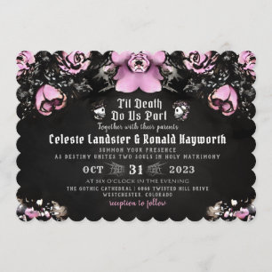 Pink & Black Gothic Roses & Skeletons Wedding Invitation