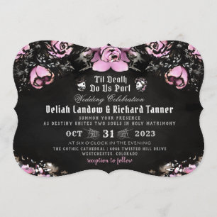 Pink & Black Gothic Roses & Skeletons Wedding Invitation