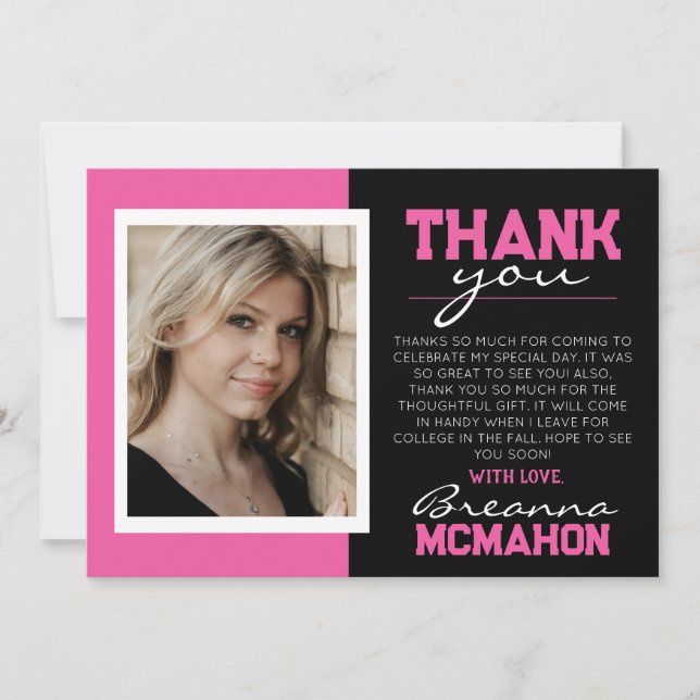 Pink & Black Graduation Photo Thank You Card (Front)