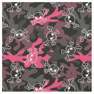 Pink Black Gray Camo Pattern Skulls Fabric