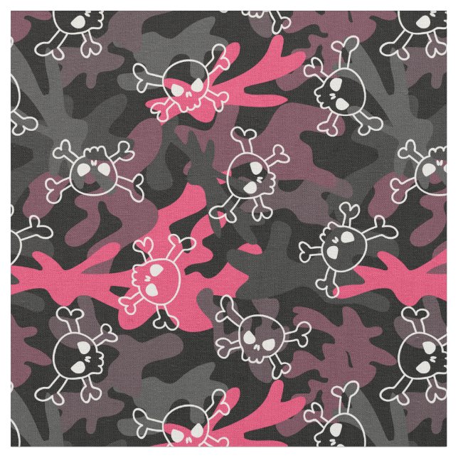 Pink Black Gray Camo Pattern Skulls Fabric (Close Up)