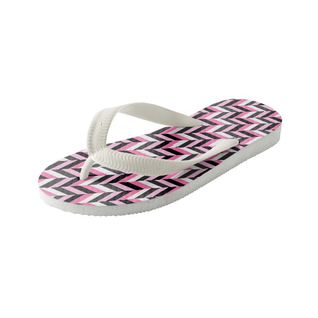 Pink, black, grey and white geometric 2 kid's flip flops (Angled)