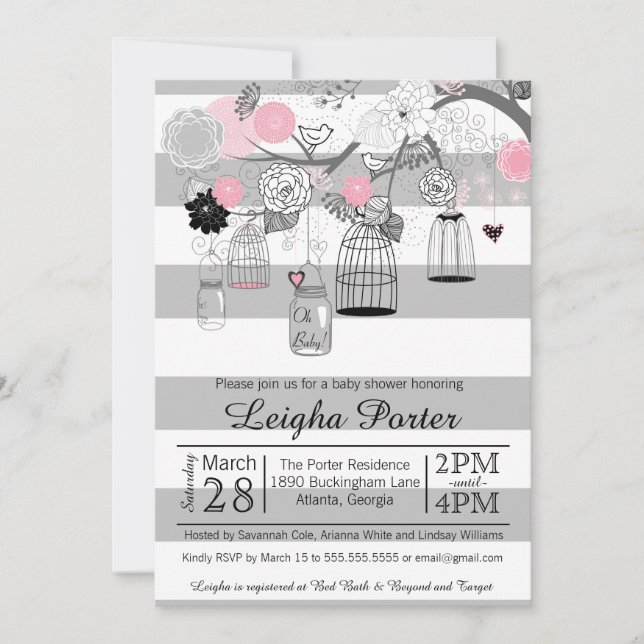 Pink Black Grey Bird Cages & Jars Girl Baby Shower Invitation (Front)