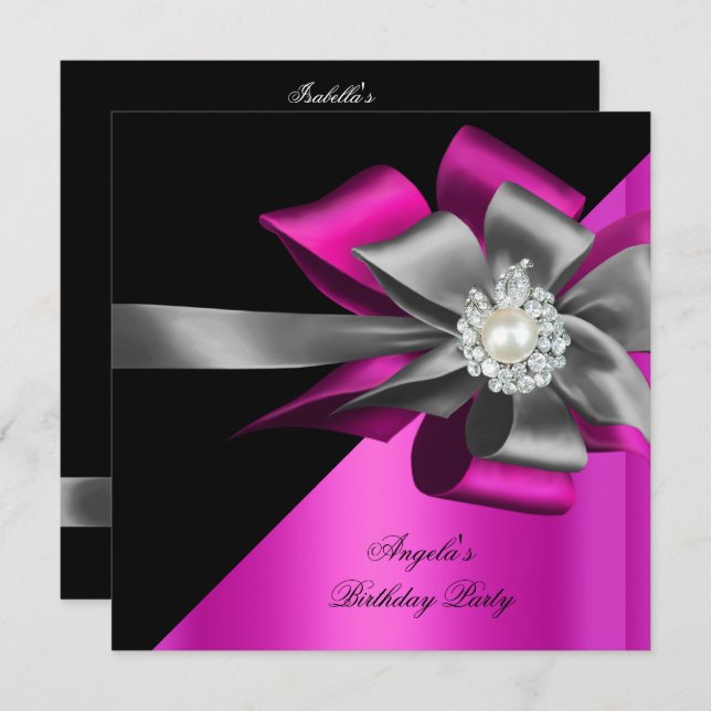 Pink Black Grey Silver Bow Pearl Birthday Party Invitation (Front/Back)
