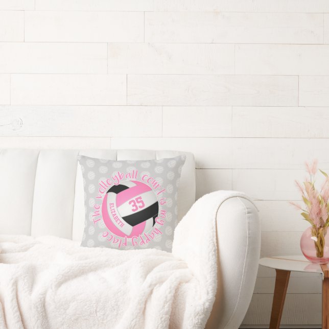 pink black grey volleyball court is my happy place cushion (Couch)