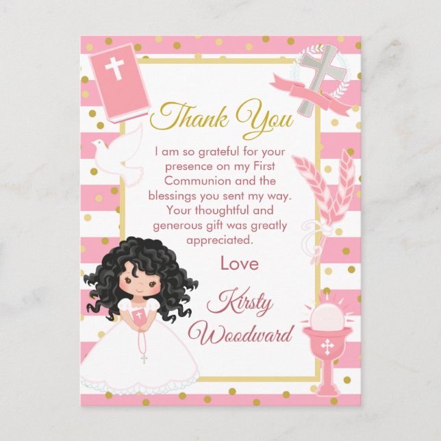 Pink Black Hair Girl First Communion Thank You Postcard (Front)