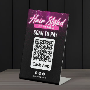 Pink Black Hair Salon Cash App QR Code Scan to Pay Pedestal Sign
