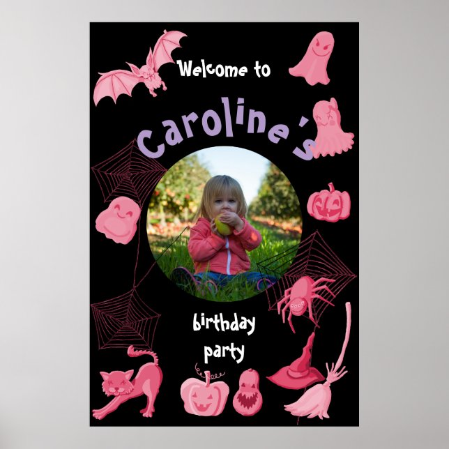 Pink Black Halloween Birthday party welcome poster (Front)