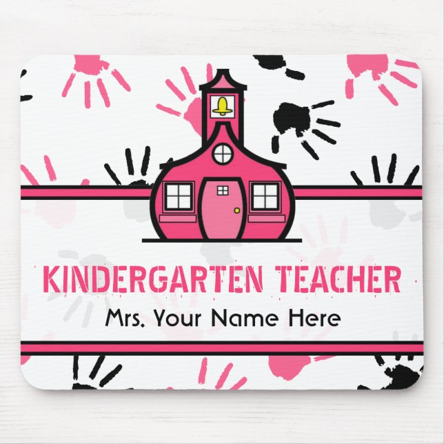 Pink & Black Handprints Kindergarten Teacher Mouse Mat (Front)