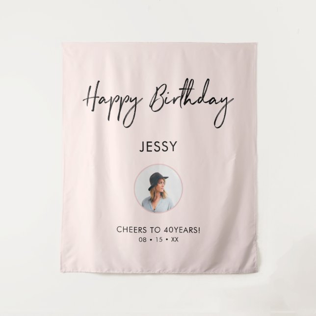 Pink & Black Happy Birthday Photo Party Backdrop Tapestry (Front)