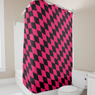 Pink Black Harlequin Diamonds Checkers Design Shower Curtain