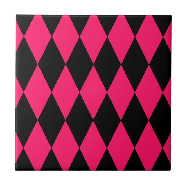 Pink Black Harlequin Diamonds Checkers Design  Tile (Front)