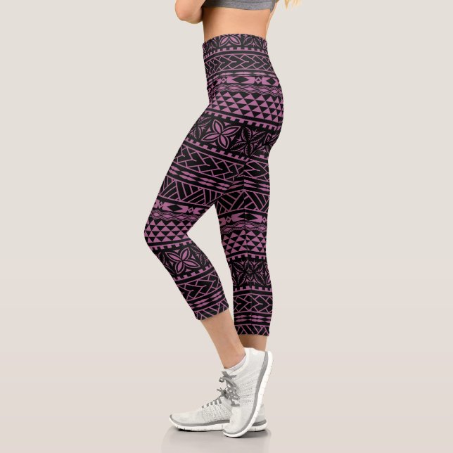 Pink Black Hawaiian Tribal Pattern Capri Leggings (Left)