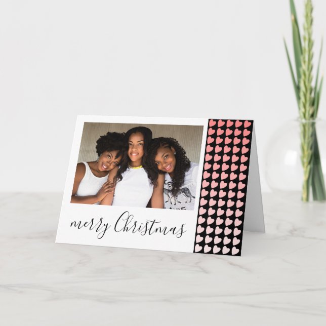 Pink Black Heart Merry Christmas Photo  Holiday Card (Front)