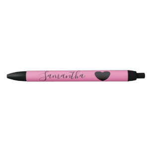 Pink Black Heart Personalised Name Black Ink Pen