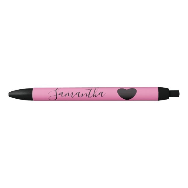 Pink Black Heart Personalised Name Black Ink Pen (Front)