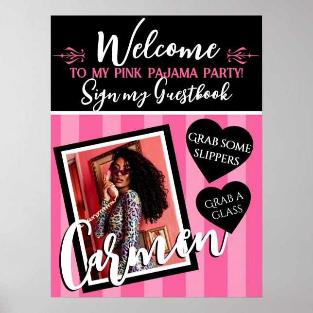 Pink & Black Heart Pink Party Photo Welcome Sign (Front)